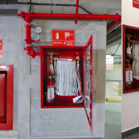 Gabinete y manguera contra incendio